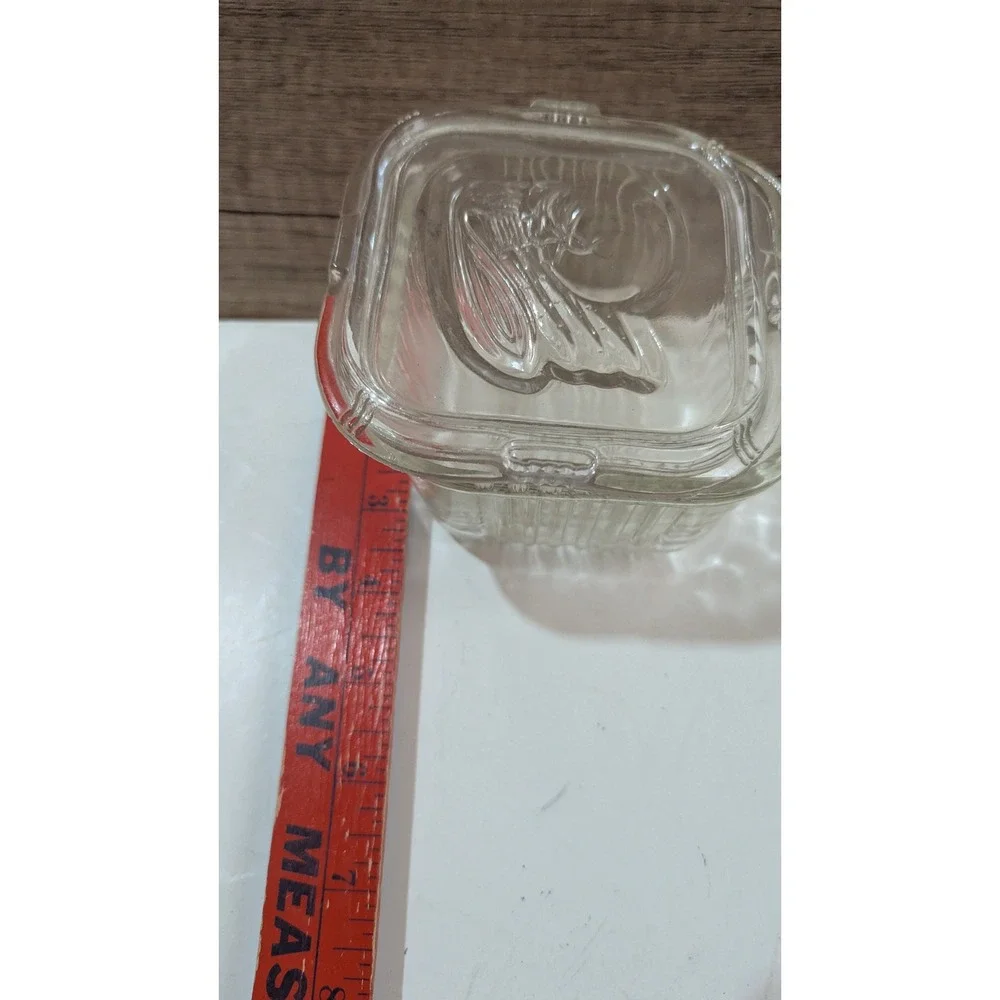 Vtg Federal glass Refrigerator Dish Square Ribbed Base Embossed Vegetable‎ Lid